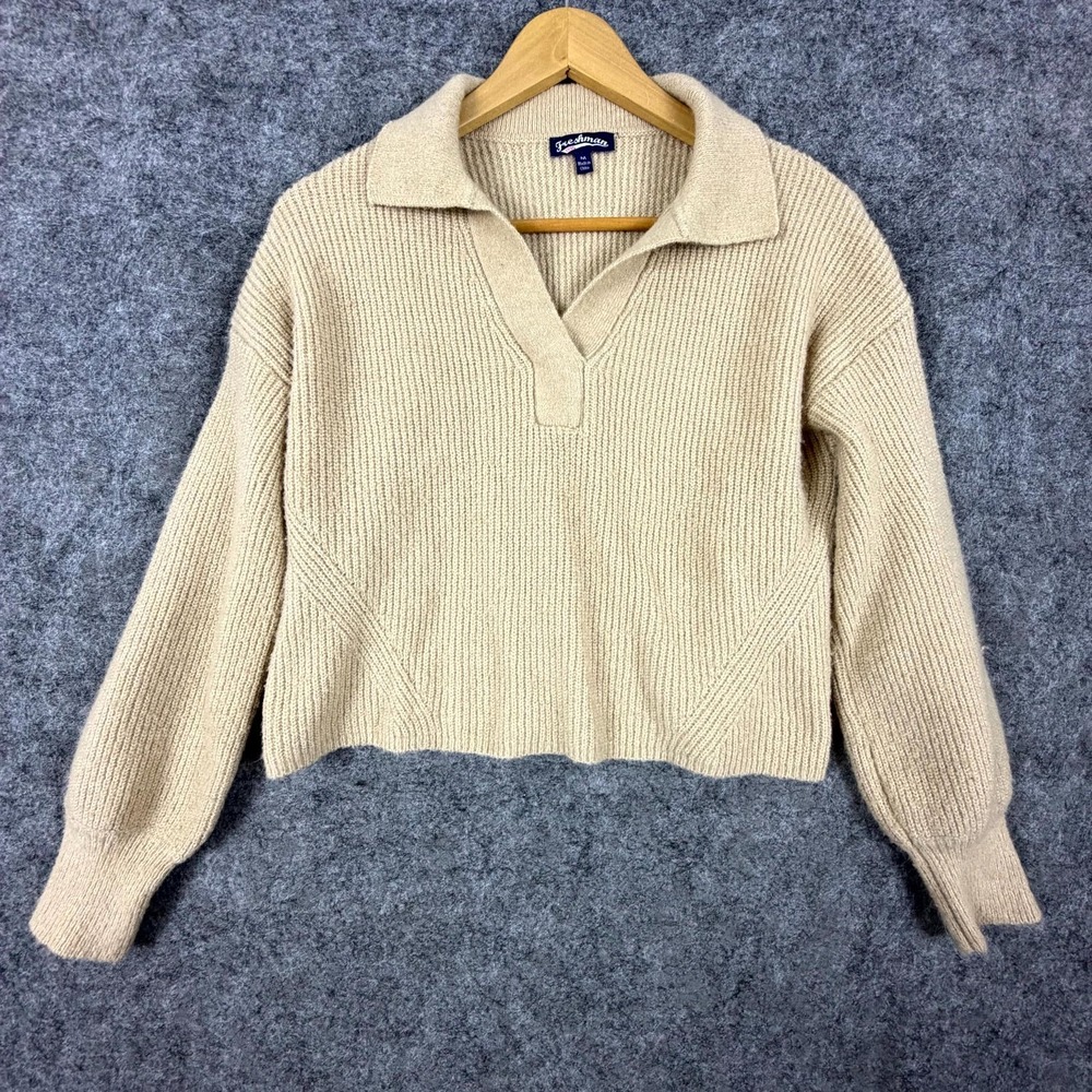 Freshman 1996 Sweater Womens Medium Beige Cropped Boxy Collared Ribbed Preppy